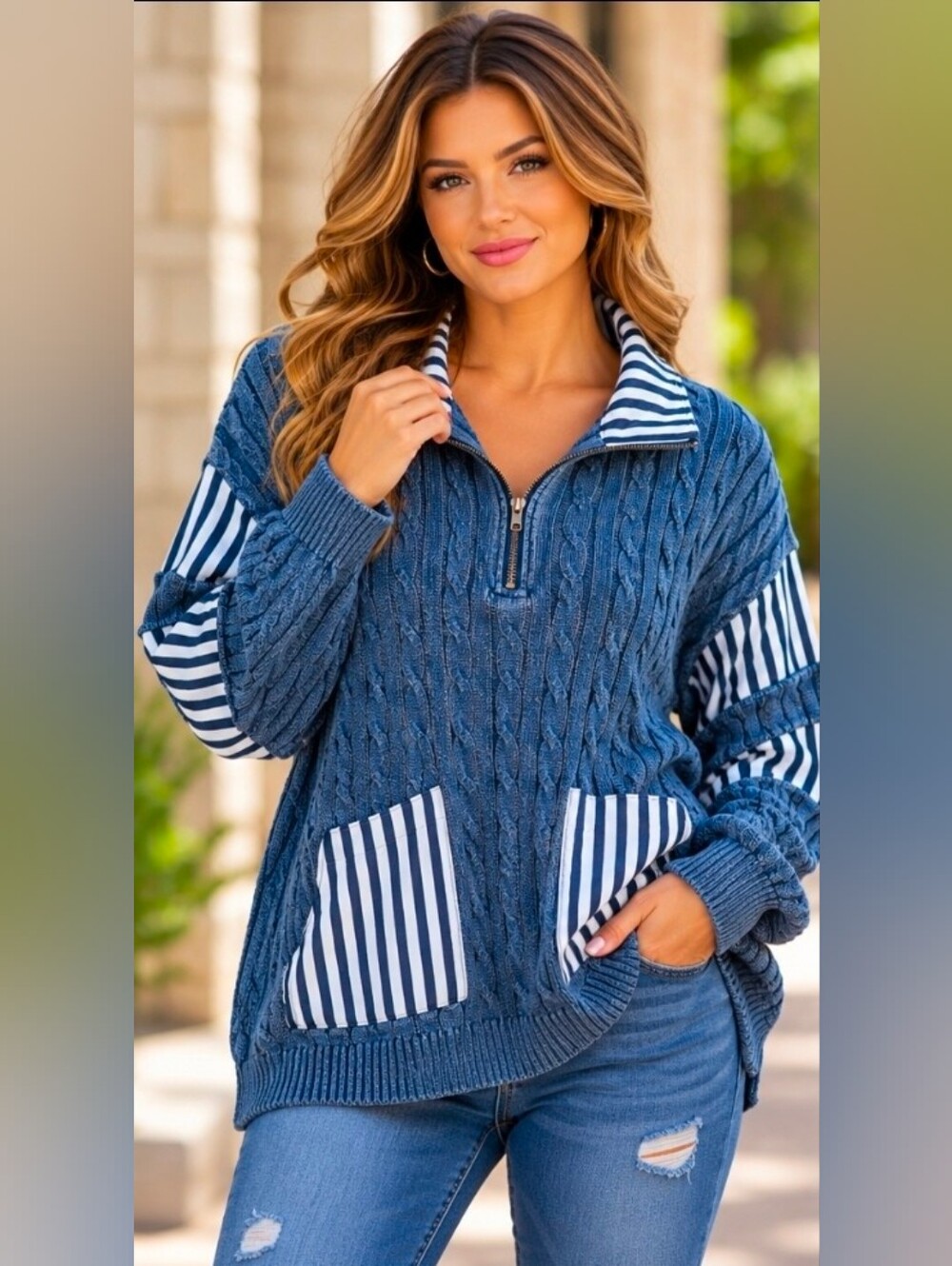 NEW!! POL Striped-Pocket Blue Cable Knit Half-Zip Sweater, Sz Large
